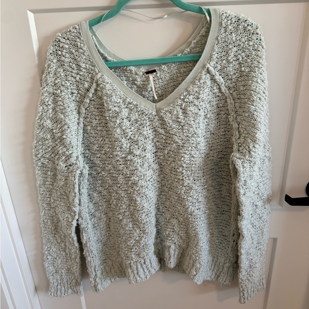 Free People Popcorn Knit Sweater Women’s Small Sage Green V Neck Chunky Pullover